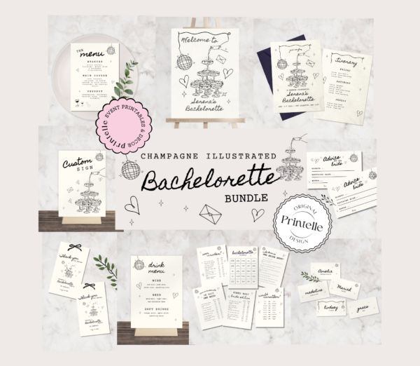 Illustrated Bachelorette Party Templates Bundle | Hand Drawn Champagne Illustration Bridal Shower Stationery Whimsical Hen Party Decor C1 8 - Image 2