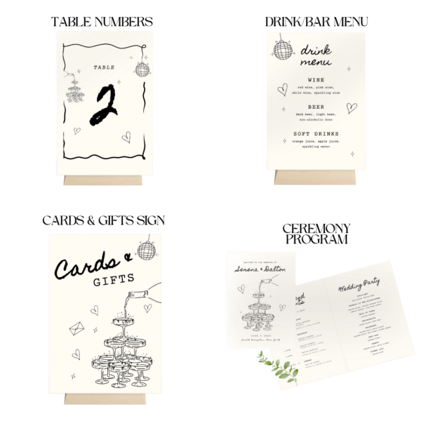 Illustrated Wedding Day Templates Bundle | Hand Drawn Champagne Disco Scribble Wedding Day Of  Illustration Stationery Decor Printables C1 - Image 8