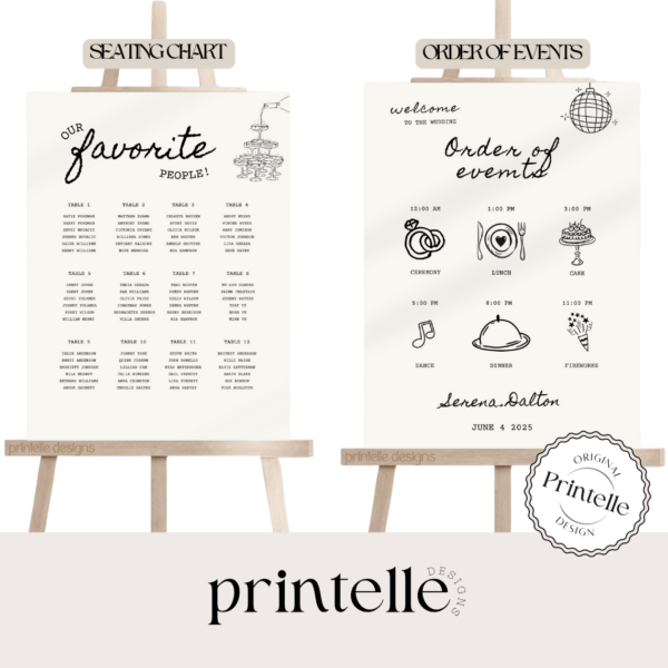 Illustrated Wedding Day Templates Bundle | Hand Drawn Champagne Disco Scribble Wedding Day Of  Illustration Stationery Decor Printables C1 - Image 9