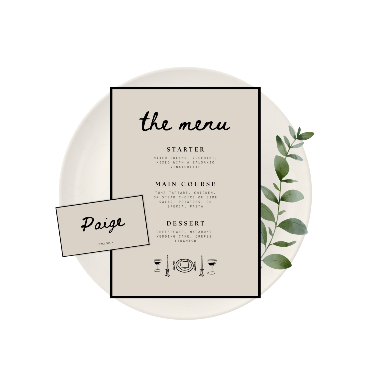 Illustrated Wedding Menu and Place Cards Template