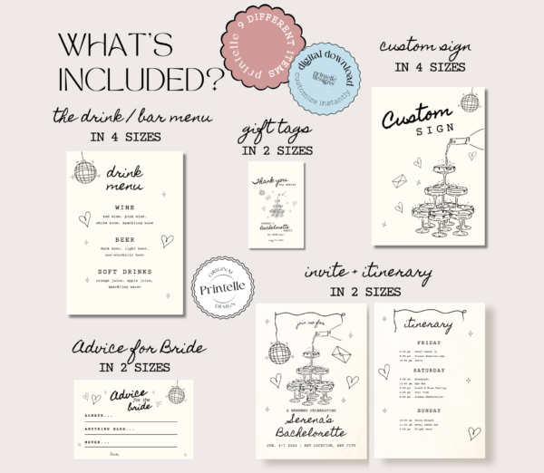 Illustrated Bachelorette Party Templates Bundle | Hand Drawn Champagne Illustration Bridal Shower Stationery Whimsical Hen Party Decor C1 8 - Image 4