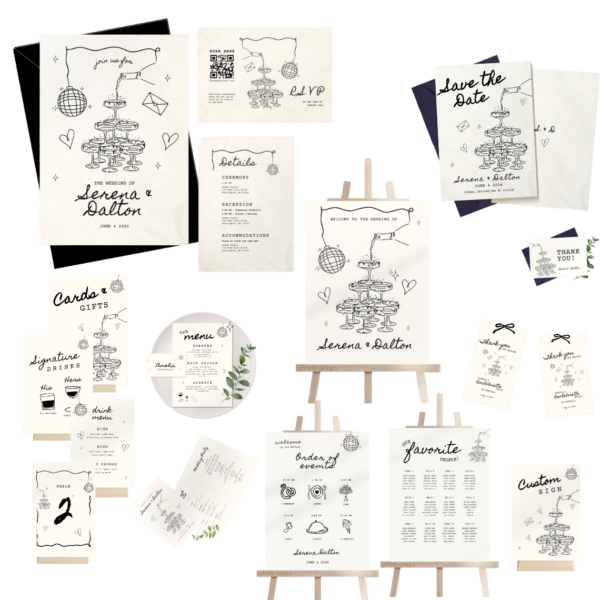 Illustrated Wedding Day Templates Bundle | Hand Drawn Champagne Disco Scribble Wedding Day Of  Illustration Stationery Decor Printables C1