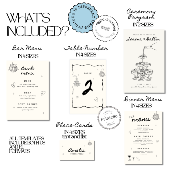 Illustrated Wedding Day Templates Bundle | Hand Drawn Champagne Disco Scribble Wedding Day Of  Illustration Stationery Decor Printables C1 - Image 3