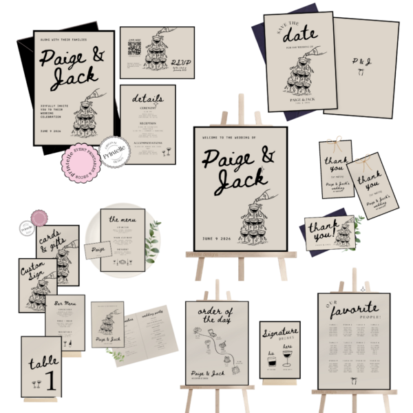 Wedding Day Templates Bundle | Hand Drawn Champagne Handwritten Wedding Day Illustration Stationery Decor | Printable Bundles Decorations T2