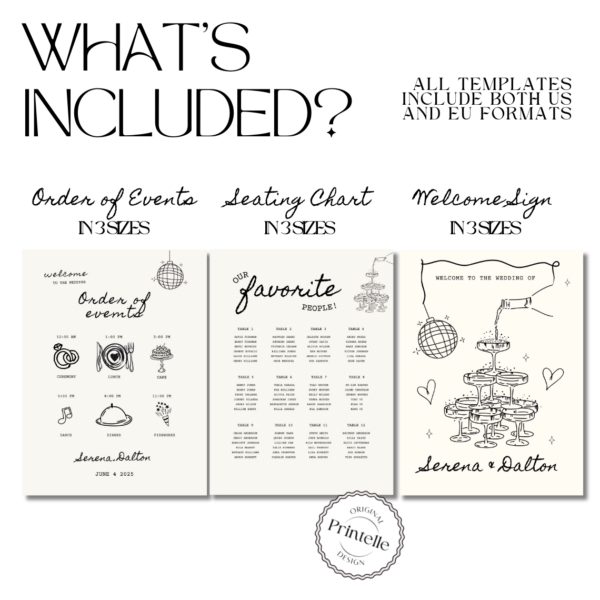 Illustrated Wedding Day Templates Bundle | Hand Drawn Champagne Disco Scribble Wedding Day Of  Illustration Stationery Decor Printables C1 - Image 5