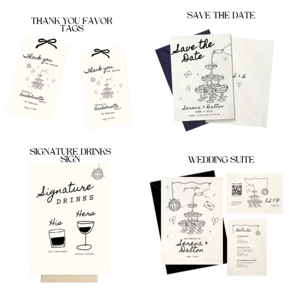 Illustrated Wedding Day Templates Bundle | Hand Drawn Champagne Disco Scribble Wedding Day Of  Illustration Stationery Decor Printables C1 - Image 7