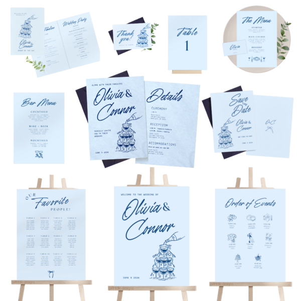 Wedding Day Templates Bundle | Hand Drawn Blue Illustrated Scribble Wedding Set | Champagne Illustration Wedding Doodle Decor Bundles | B1