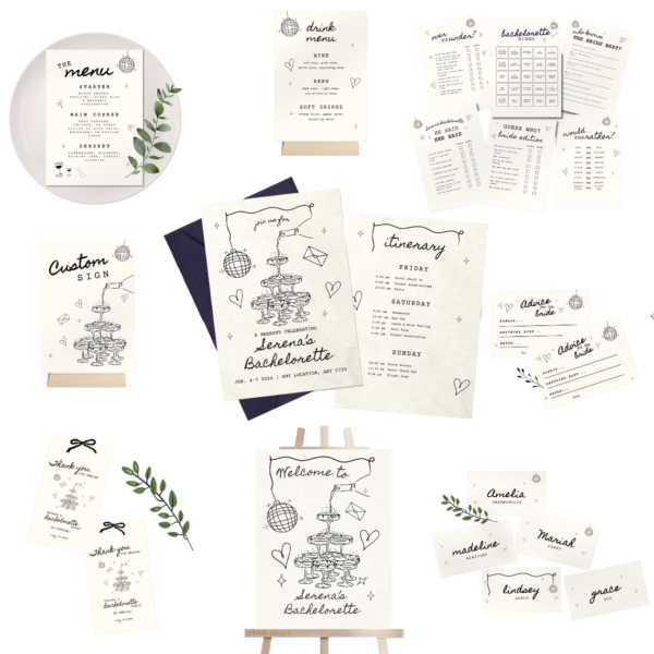 Illustrated Bachelorette Party Templates Bundle | Hand Drawn Champagne Illustration Bridal Shower Stationery Whimsical Hen Party Decor C1 8