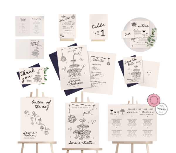 Wedding Day Templates Bundle Hand Drawn Champagne Disco Scribble Illustration Wedding Stationery Illustrated Wedding Decoration Printable C2