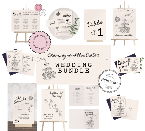 Wedding Day Templates Bundle Hand Drawn Champagne Disco Scribble Illustration Wedding Stationery Illustrated Wedding Decoration Printable C2 - Image 9