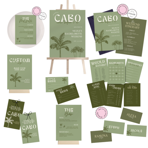 Bachelorette Party Templates Bundle | Green Cabo Mexico Bachelorette Weekend Decor | Bold Sage Green Bach Girls Trip Invite Sign Template LC