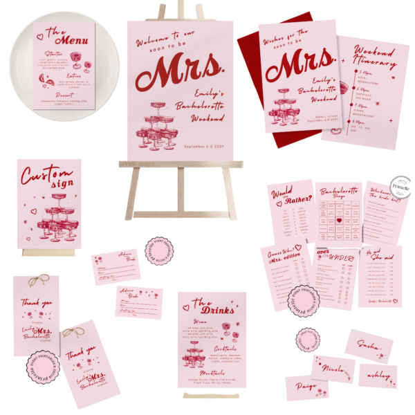 Red Pink Bridal Bachelorette Party Templates Bundle | Champagne Illustration Bridal Shower Stationery Pink Hen Party Decor M4