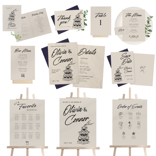 Wedding Day Templates Bundle | Hand Drawn Black & Beige Illustrated Wedding Set | Champagne Illustration Wedding Doodle Decor Bundles | T1