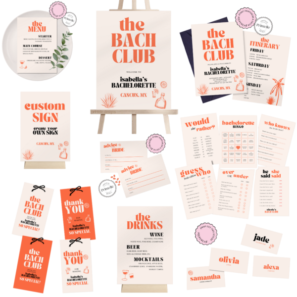 Bachelorette Party Templates Bundle | Orange Mexico Bachelorette Weekend Decor | Bold Retro Orange Bach Girls Trip Invite Sign Templates X