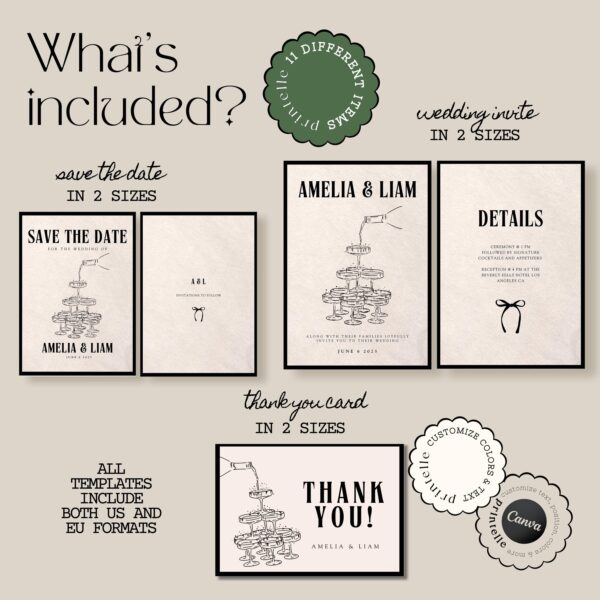 Wedding Day Templates Bundle | Modern Quiet Luxury Wedding Set | Hand Drawn Champagne Illustration Wedding Bundles | Illustrated Decor A1 - Image 3