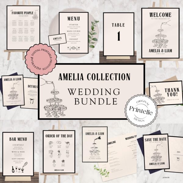 Wedding Day Templates Bundle | Modern Quiet Luxury Wedding Set | Hand Drawn Champagne Illustration Wedding Bundles | Illustrated Decor A1 - Image 2