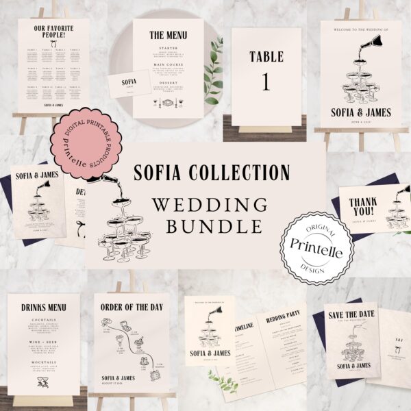 Wedding Day Templates Bundle | Hand Drawn Old Money Scribble Wedding Set | Illustrated Champagne Illustration Wedding Decor Bundles | A2 - Image 2