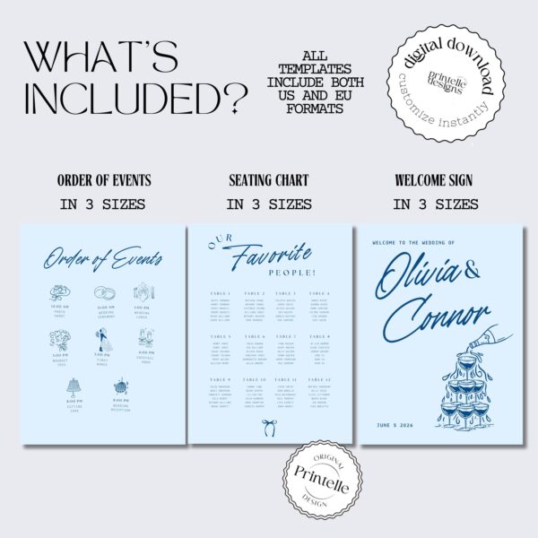 Wedding Day Templates Bundle | Hand Drawn Blue Illustrated Scribble Wedding Set | Champagne Illustration Wedding Doodle Decor Bundles | B1 - Image 4