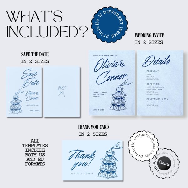 Wedding Day Templates Bundle | Hand Drawn Blue Illustrated Scribble Wedding Set | Champagne Illustration Wedding Doodle Decor Bundles | B1 - Image 3