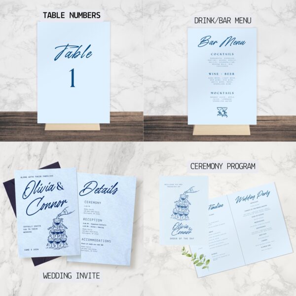 Wedding Day Templates Bundle | Hand Drawn Blue Illustrated Scribble Wedding Set | Champagne Illustration Wedding Doodle Decor Bundles | B1 - Image 7