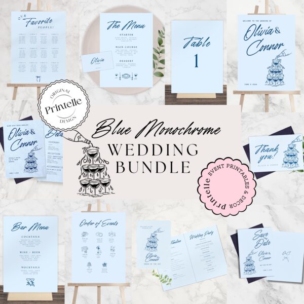 Wedding Day Templates Bundle | Hand Drawn Blue Illustrated Scribble Wedding Set | Champagne Illustration Wedding Doodle Decor Bundles | B1 - Image 2