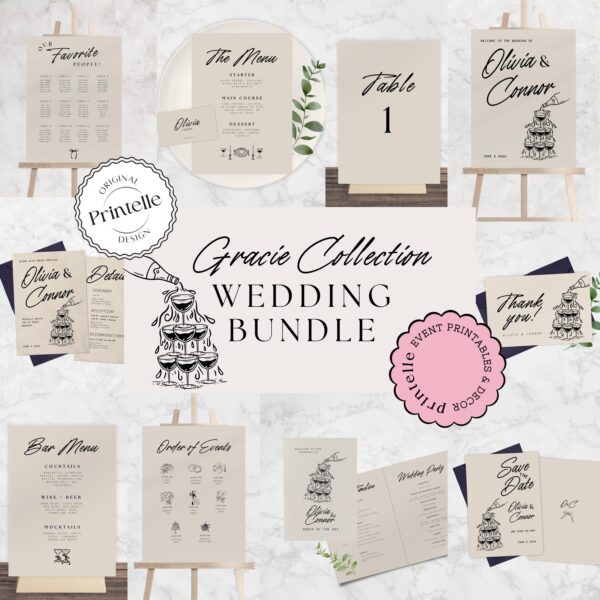 Wedding Day Templates Bundle | Hand Drawn Black & Beige Illustrated Wedding Set | Champagne Illustration Wedding Doodle Decor Bundles | T1 - Image 2