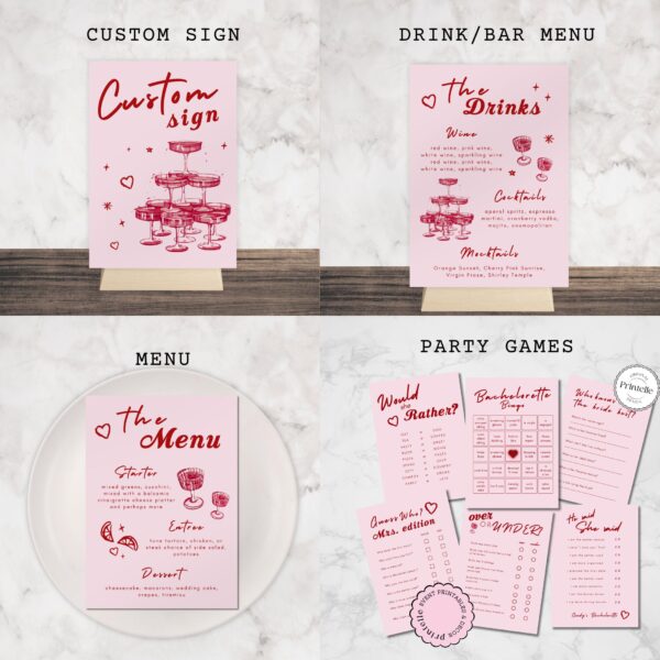 Red Pink Bridal Bachelorette Party Templates Bundle | Champagne Illustration Bridal Shower Stationery Pink Hen Party Decor M4 - Image 7