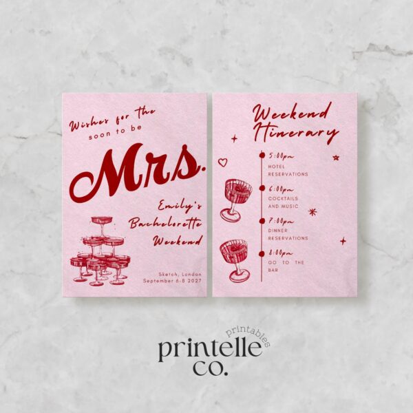 Red Pink Bridal Bachelorette Party Templates Bundle | Champagne Illustration Bridal Shower Stationery Pink Hen Party Decor M4 - Image 6