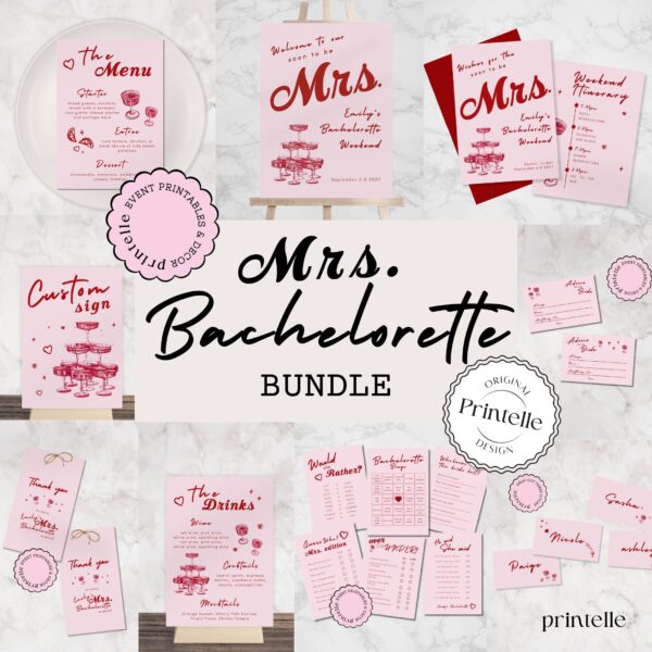 Red Pink Bridal Bachelorette Party Templates Bundle | Champagne Illustration Bridal Shower Stationery Pink Hen Party Decor M4 - Image 2