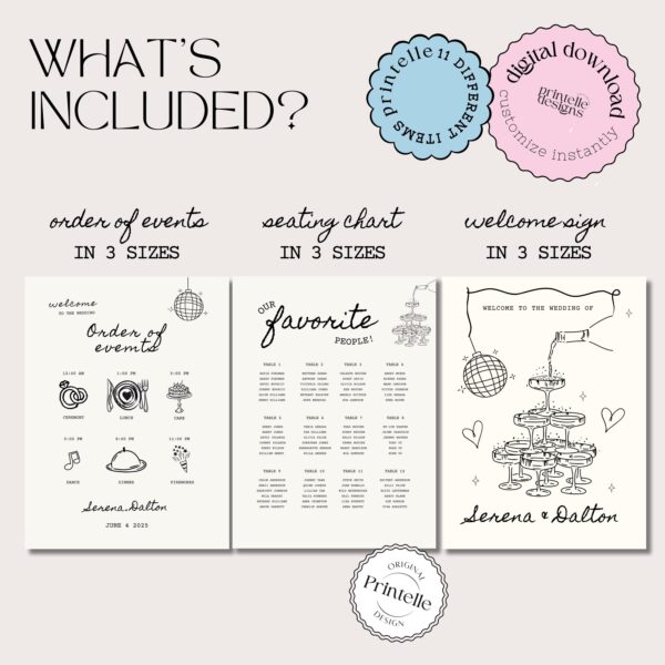 Wedding Day Templates Bundle Hand Drawn Champagne Disco Scribble Illustration Wedding Stationery Illustrated Wedding Decoration Printable C1 - Image 4