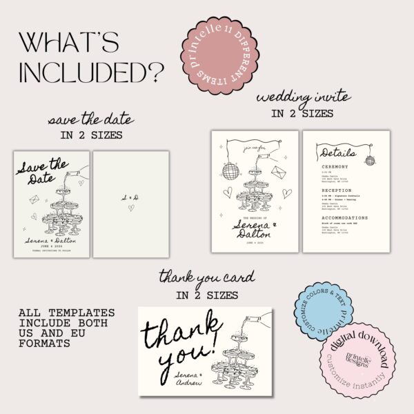 Wedding Day Templates Bundle Hand Drawn Champagne Disco Scribble Illustration Wedding Stationery Illustrated Wedding Decoration Printable C1 - Image 3