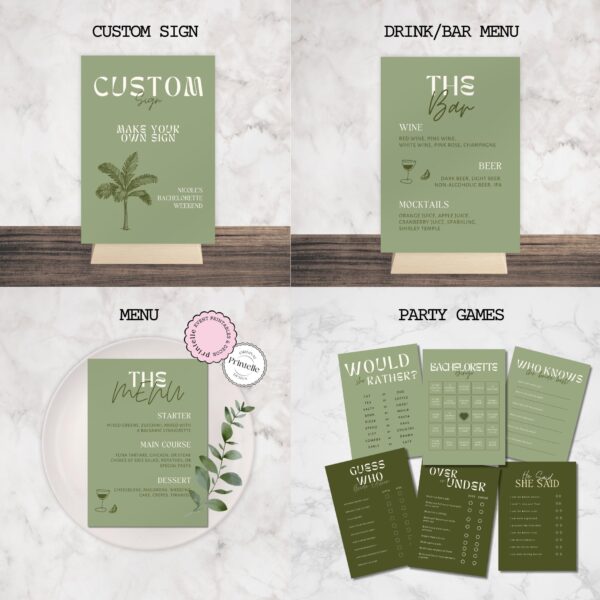 Bachelorette Party Templates Bundle | Green Cabo Mexico Bachelorette Weekend Decor | Bold Sage Green Bach Girls Trip Invite Sign Template LC - Image 6