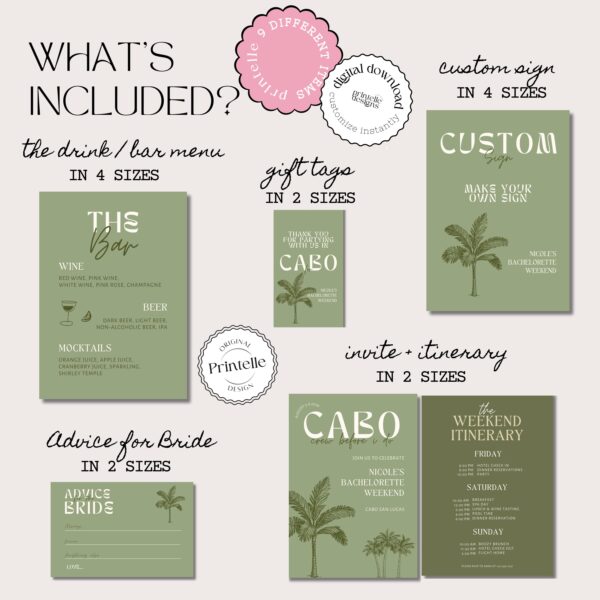 Bachelorette Party Templates Bundle | Green Cabo Mexico Bachelorette Weekend Decor | Bold Sage Green Bach Girls Trip Invite Sign Template LC - Image 3