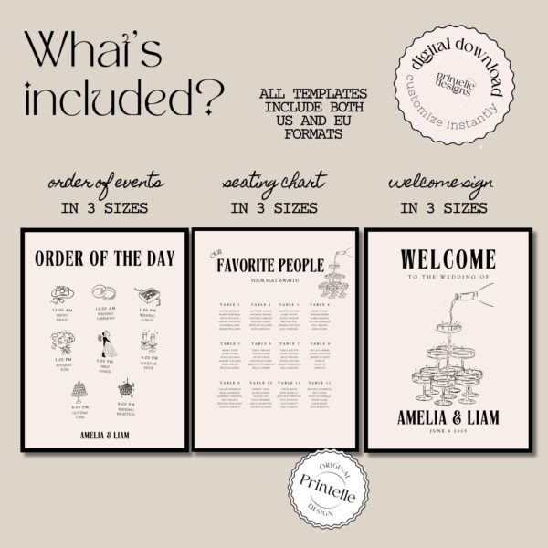 Wedding Day Templates Bundle | Modern Quiet Luxury Wedding Set | Hand Drawn Champagne Illustration Wedding Bundles | Illustrated Decor A1 - Image 5