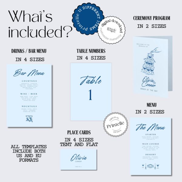 Wedding Day Templates Bundle | Hand Drawn Blue Illustrated Scribble Wedding Set | Champagne Illustration Wedding Doodle Decor Bundles | B1 - Image 5