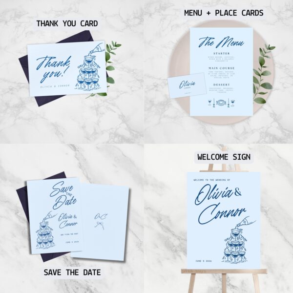 Wedding Day Templates Bundle | Hand Drawn Blue Illustrated Scribble Wedding Set | Champagne Illustration Wedding Doodle Decor Bundles | B1 - Image 6