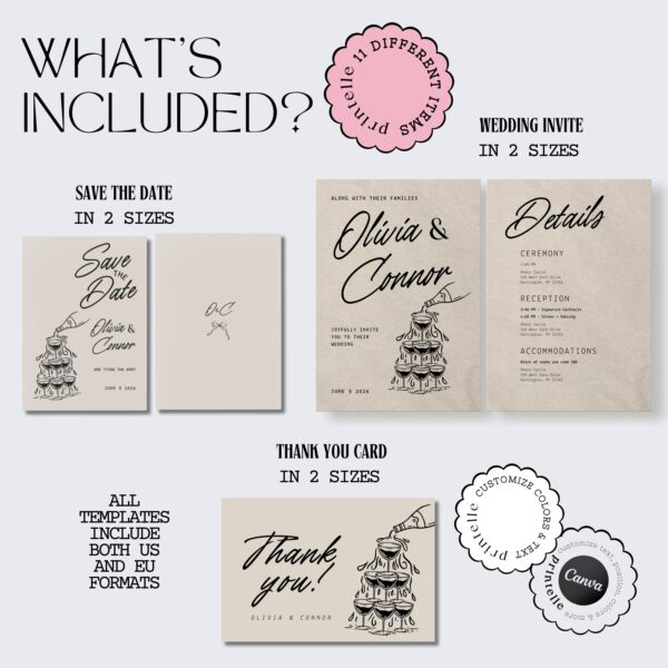 Wedding Day Templates Bundle | Hand Drawn Black & Beige Illustrated Wedding Set | Champagne Illustration Wedding Doodle Decor Bundles | T1 - Image 3