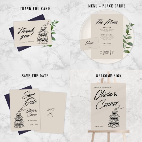 Wedding Day Templates Bundle | Hand Drawn Black & Beige Illustrated Wedding Set | Champagne Illustration Wedding Doodle Decor Bundles | T1 - Image 6