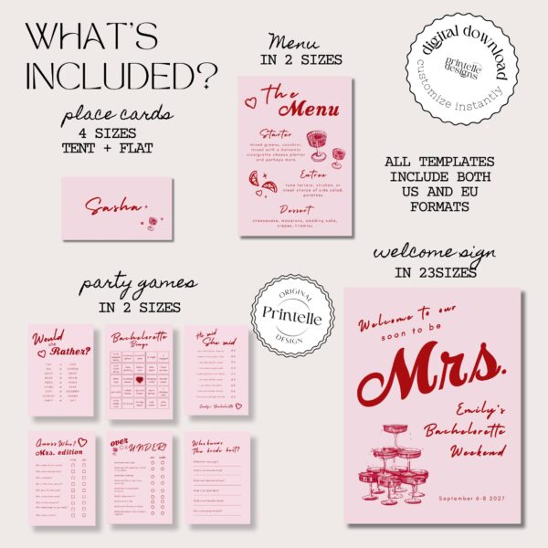 Red Pink Bridal Bachelorette Party Templates Bundle | Champagne Illustration Bridal Shower Stationery Pink Hen Party Decor M4 - Image 3