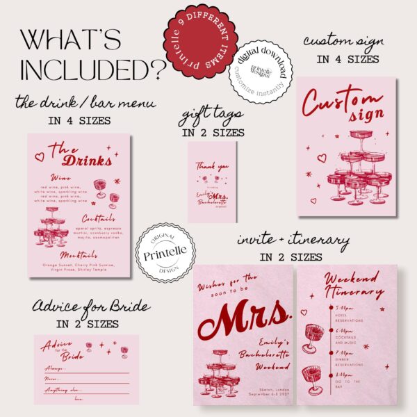 Red Pink Bridal Bachelorette Party Templates Bundle | Champagne Illustration Bridal Shower Stationery Pink Hen Party Decor M4 - Image 4