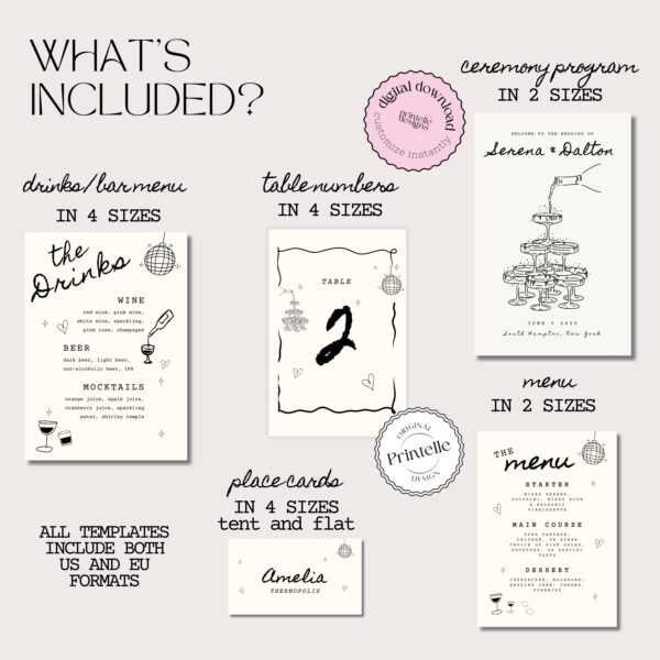 Wedding Day Templates Bundle Hand Drawn Champagne Disco Scribble Illustration Wedding Stationery Illustrated Wedding Decoration Printable C1 - Image 5