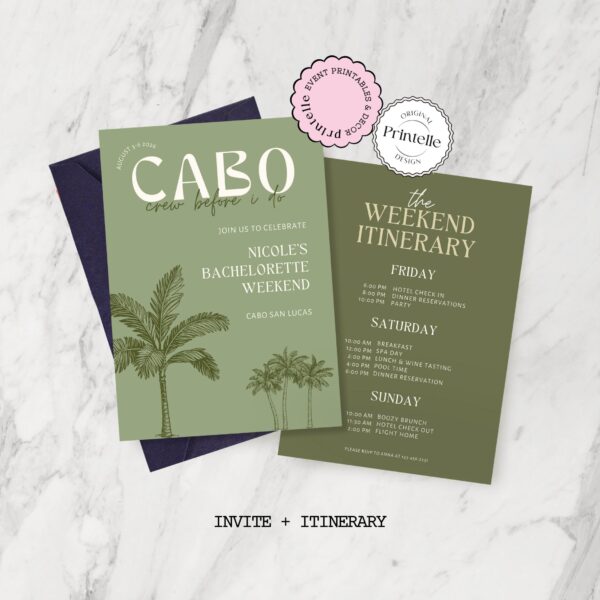 Bachelorette Party Templates Bundle | Green Cabo Mexico Bachelorette Weekend Decor | Bold Sage Green Bach Girls Trip Invite Sign Template LC - Image 4