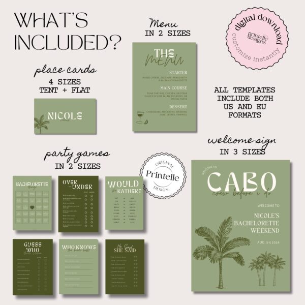 Bachelorette Party Templates Bundle | Green Cabo Mexico Bachelorette Weekend Decor | Bold Sage Green Bach Girls Trip Invite Sign Template LC - Image 2