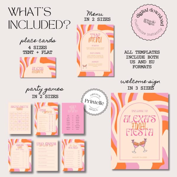 Bachelorette Party Templates Bundle | Final Fiesta Pink Orange Bachelorette Weekend Decor | Final Fiesta Girls Trip Bundle Decorations FF - Image 2